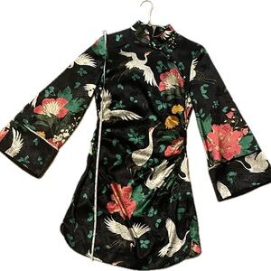 Zara Oriental Floral Bird Printed Satin Mandarin Collar Mini Dress